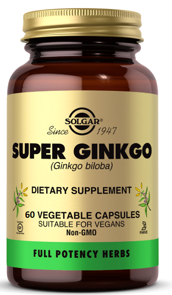This dietary supplement, a bottle of Solgar's Super Ginkgo Biloba 60 mg 60 vege capsules, enhances concentration and improves memory.