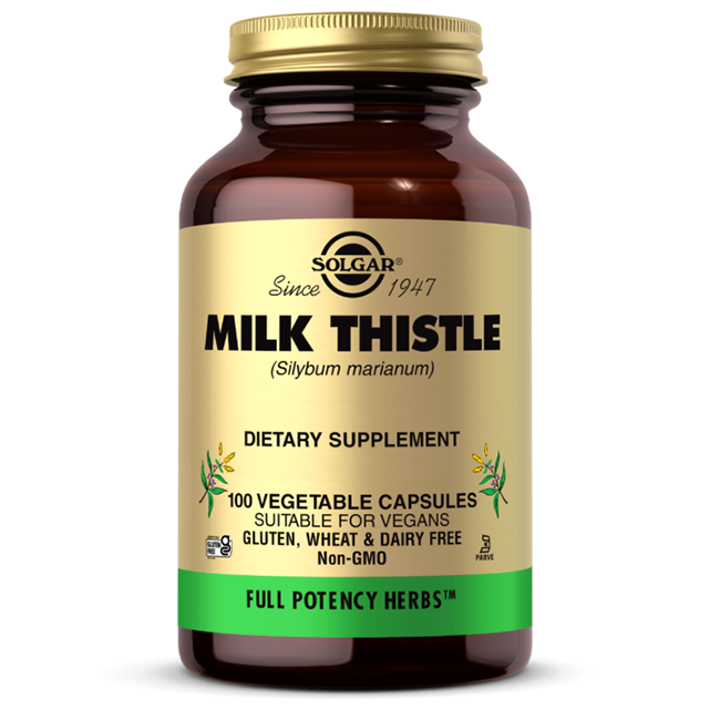 A bottle of Solgar's FP Milk Thistle 450 mg dietary supplement features 100 vegetable capsules, packed with silymarin for enhanced liver health. The labels emphasize its vegan, gluten-free, and non-GMO qualities.