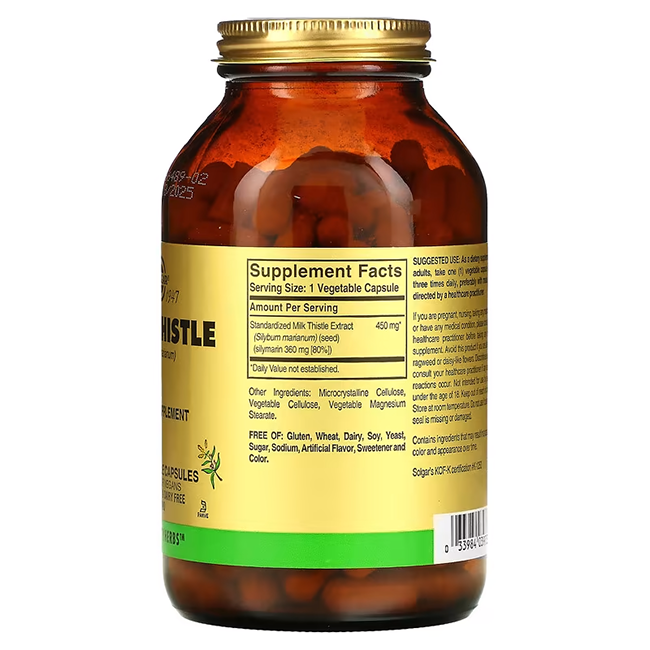 A bottle of Solgar's FP Milk Thistle features a label that highlights its liver health benefits, displaying supplement facts on the side, and contains 100 vegetable capsules each filled with 450 mg of silymarin.