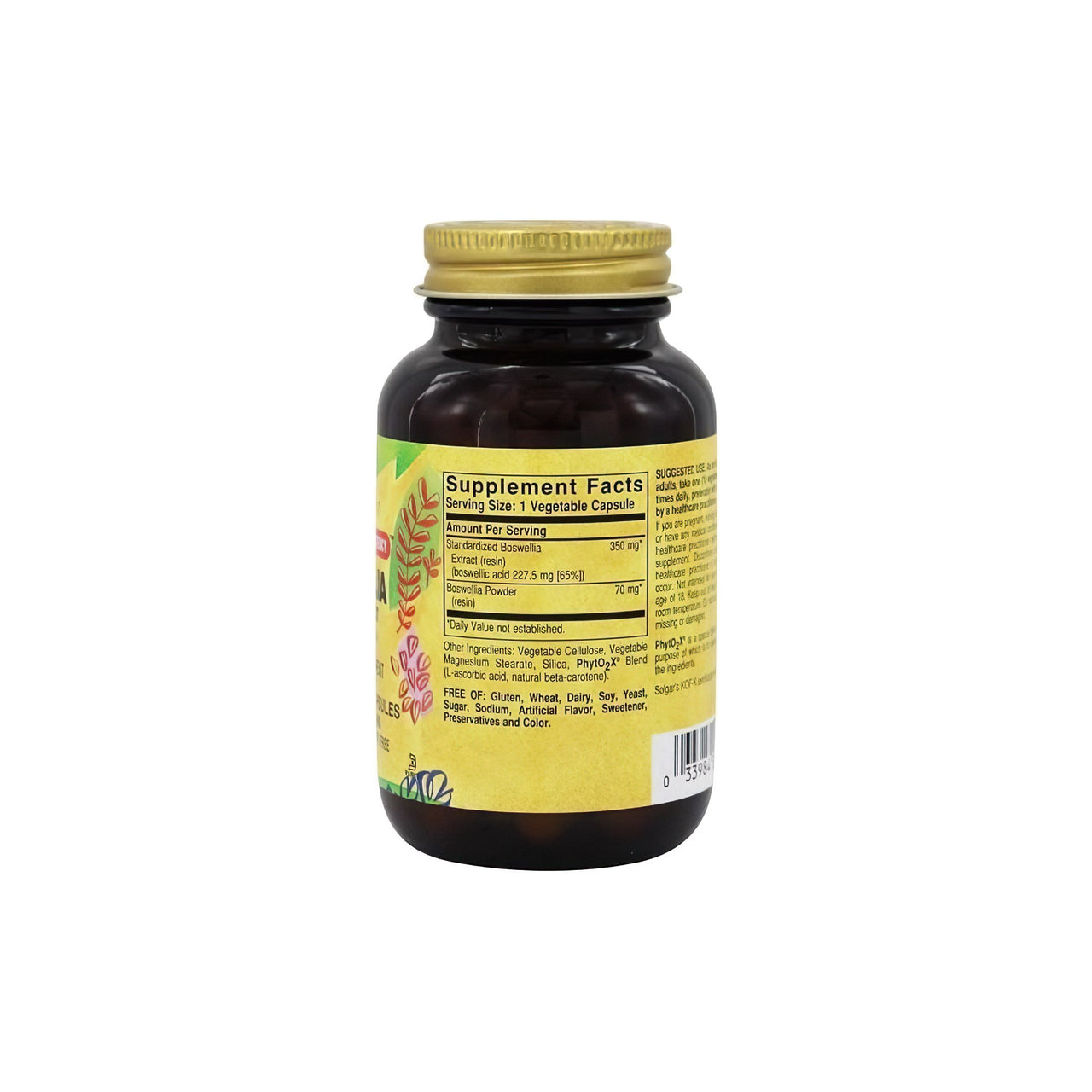 A bottle of SFP Boswellia Resin Extract 60 Vegetable Capsules by Solgar for musculoskeletal system and joint integrity.