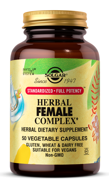 Eine Flasche Solgar Herbal Female Complex, die 50 pflanzliche Kapseln enthält.