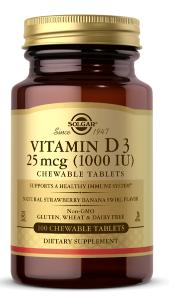 Solgar Vitamin D3 1000 IU 100 Kautabletten mit natürlichem Erdbeer-Bananen-Geschmack - wichtig für ein gesundes Immunsystem, Knochen und Zähne.