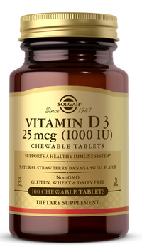 Vorschaubild für Solgar Vitamin D3 1000 IU 100 Kautabletten mit natürlichem Erdbeer-Bananen-Geschmack - wichtig für ein gesundes Immunsystem, Knochen und Zähne.