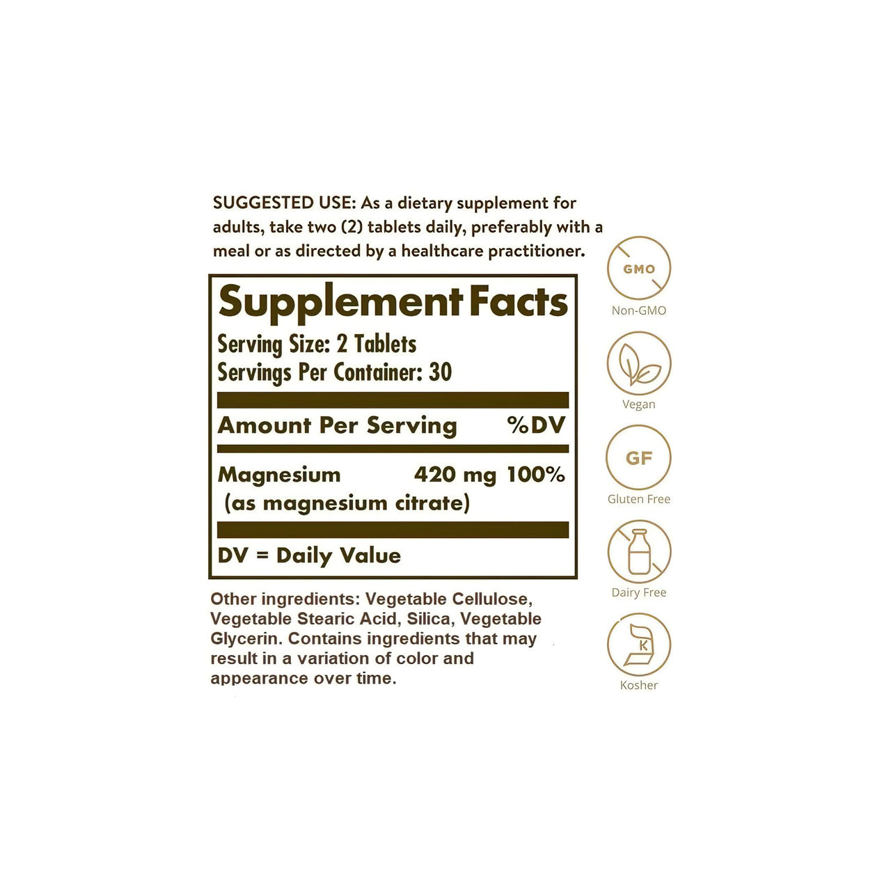 Ein Etikett für das Nahrungsergänzungsmittel Solgar Magnesiumcitrat 420 mg 60 Tabletten, das Vitamine und Mineralien enthält.