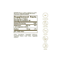 Vorschaubild für Ein Etikett mit den Inhaltsstoffen des Nahrungsergänzungsmittels Solgar's Magnesium Citrate 200 mg 120 Tabletten.