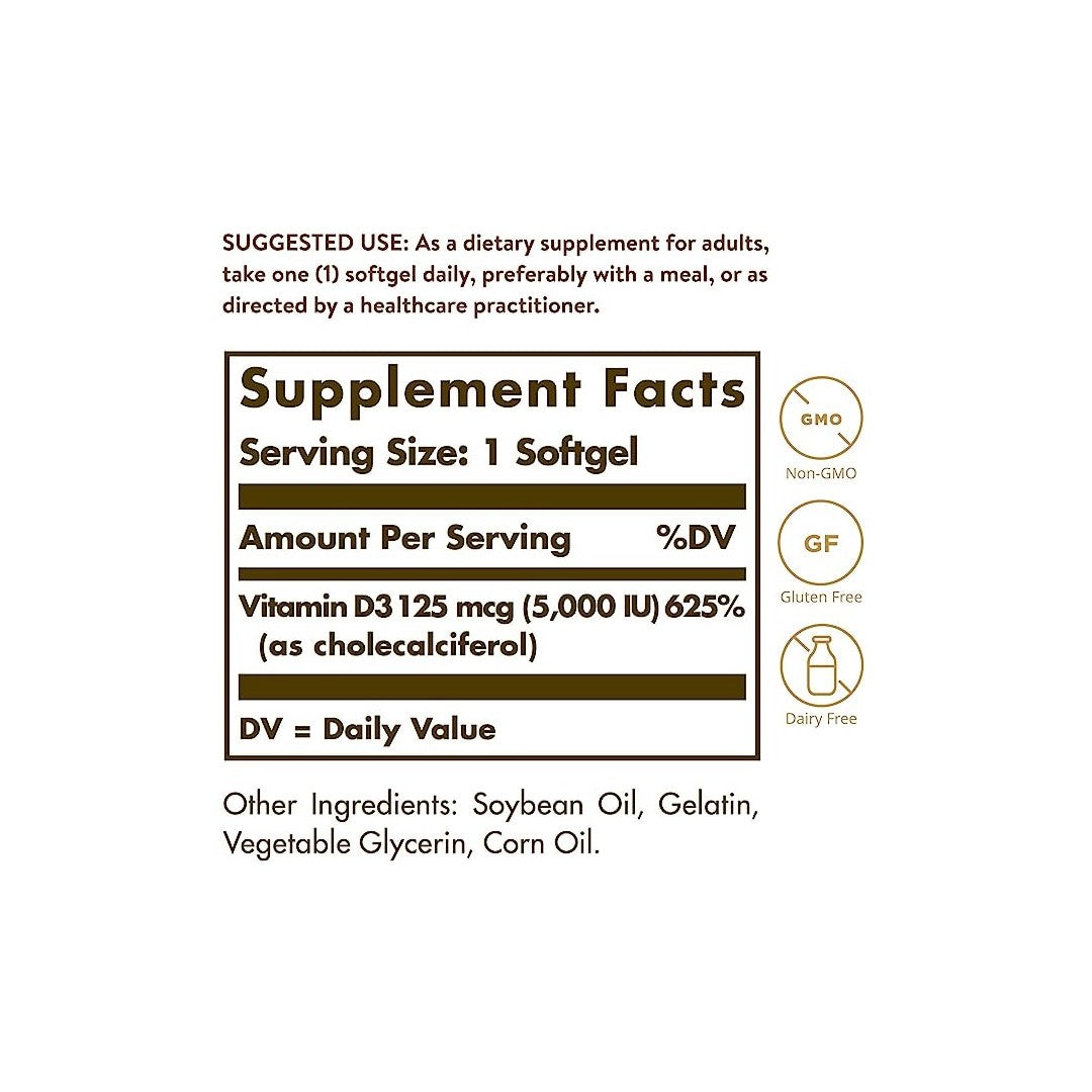 Solgar's Vitamin D3 (Cholecalciferol) 125 mcg (5,000 IU) 100 Softgels supplement facts label promotes bone health and boosts the immune system.