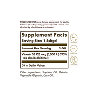 Thumbnail for Solgar's Vitamin D3 (Cholecalciferol) 125 mcg (5,000 IU) 100 Softgels supplement facts label promotes bone health and boosts the immune system.