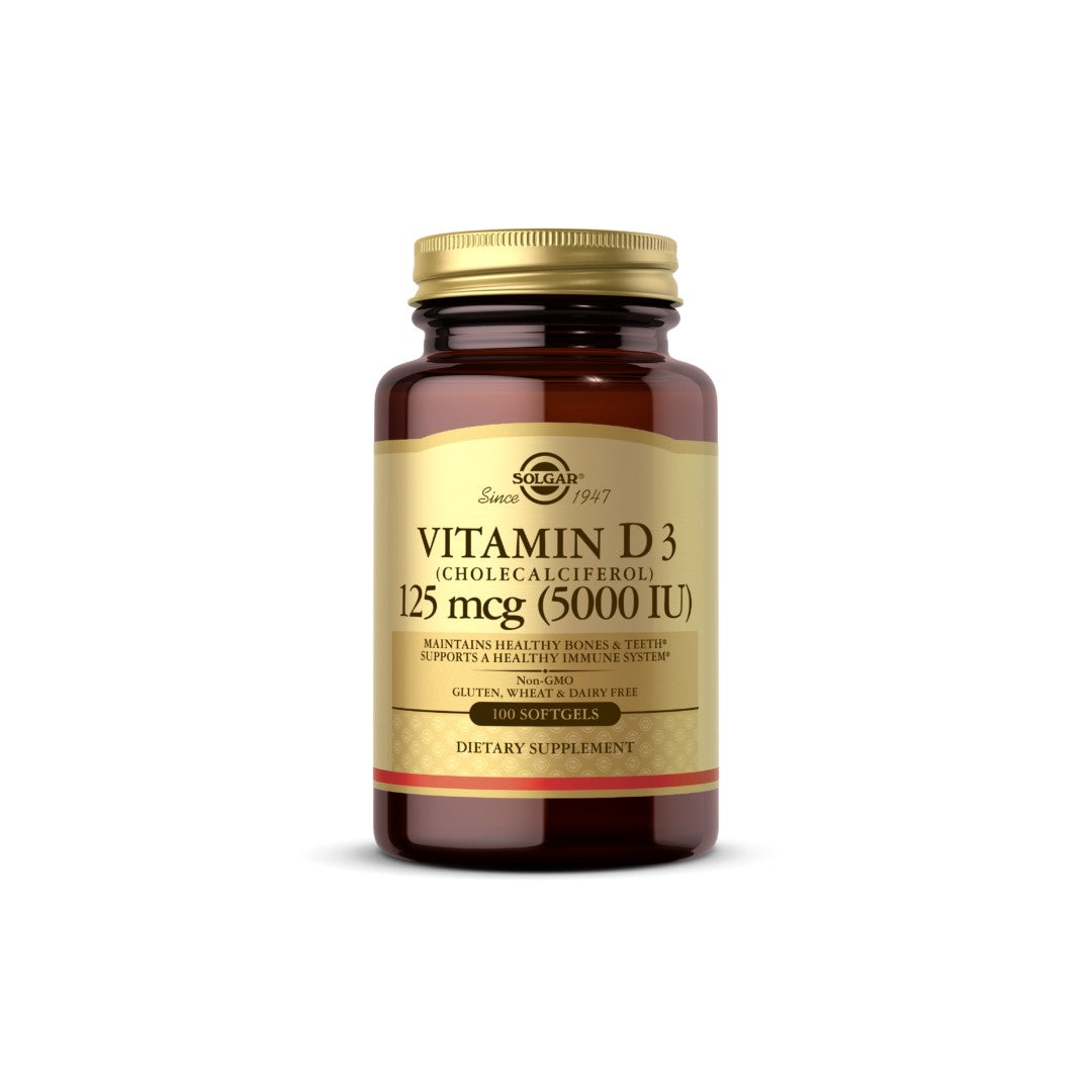 A bottle of Solgar's Vitamin D3 (Cholecalciferol) 125 mcg (5,000 IU) 100 Softgels, essential for bone health and a boosted immune system, placed on a pristine white background.
