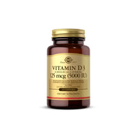Thumbnail for A bottle of Solgar's Vitamin D3 (Cholecalciferol) 125 mcg (5,000 IU) 100 Softgels, essential for bone health and a boosted immune system, placed on a pristine white background.