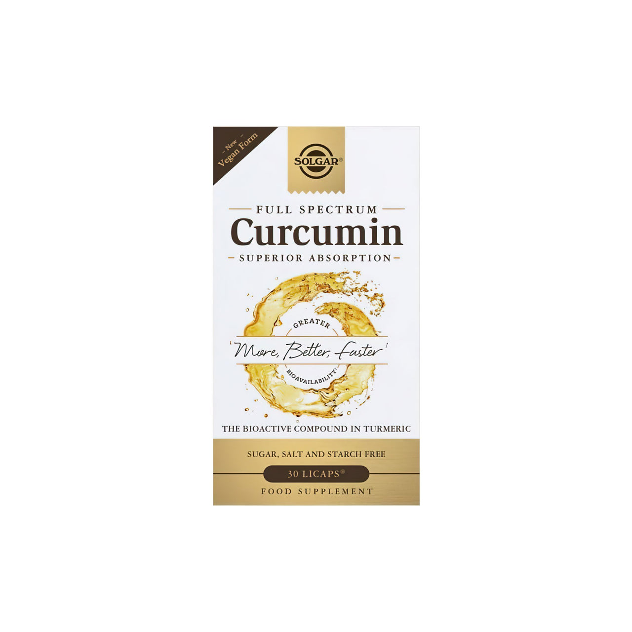 Eine Schachtel Full Spectrum Curcumin 30 Liquid Extract Softgel mit einem goldenen Etikett von Solgar.