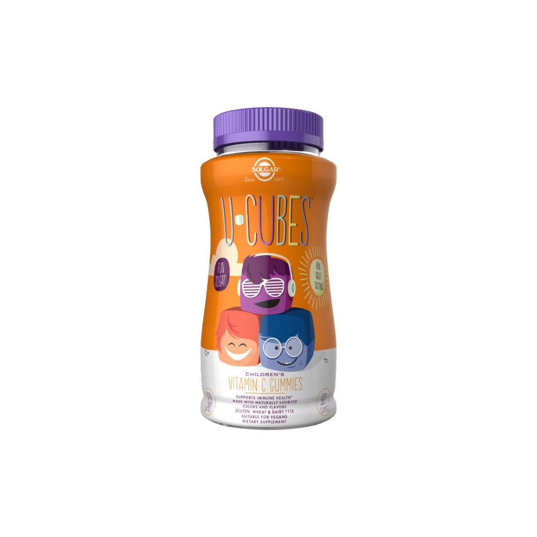 A bottle of Solgar U-Cubes Children's Vitamin C 90 Gummies Strawberry and Orange providing immune system support.