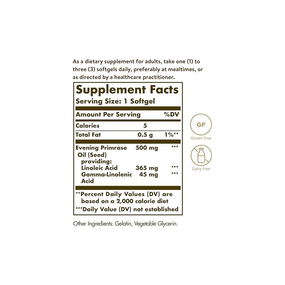 Label of a Solgar Evening Primrose Oil 500 mg 90 Softgels supplement showing serving size, calorie count, total fat, and ingredient list with gluten-free and dairy-free icons. Additionally highlights Gamma-Linolenic Acid content for immune.
