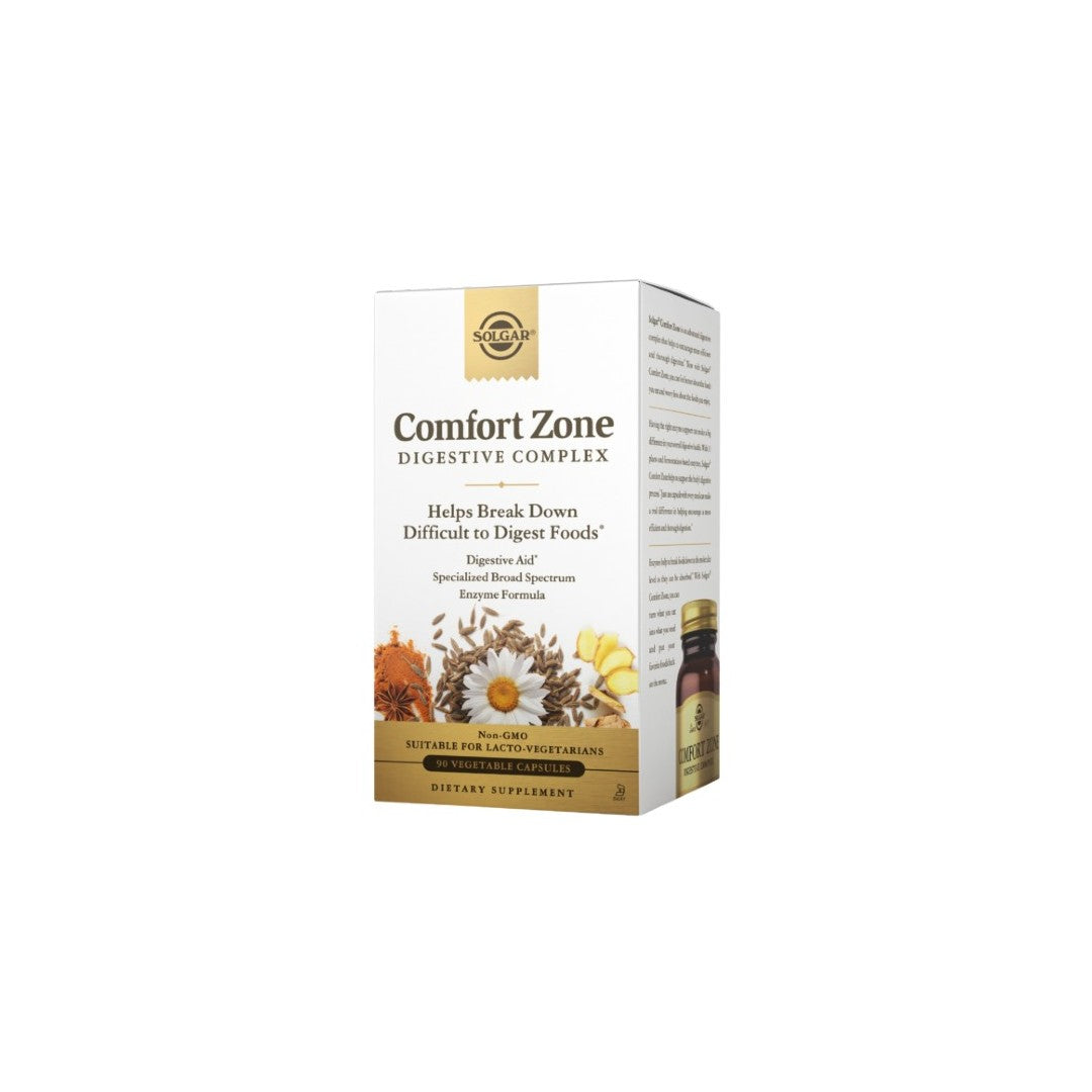 Product packaging for Solgar Comfort Zone Digestive Complex 90 Vegetable Capsules, a dietary supplement with a focus on aiding the digestion of difficult foods through digestive enzymes, displayed with a bottle beside the box.