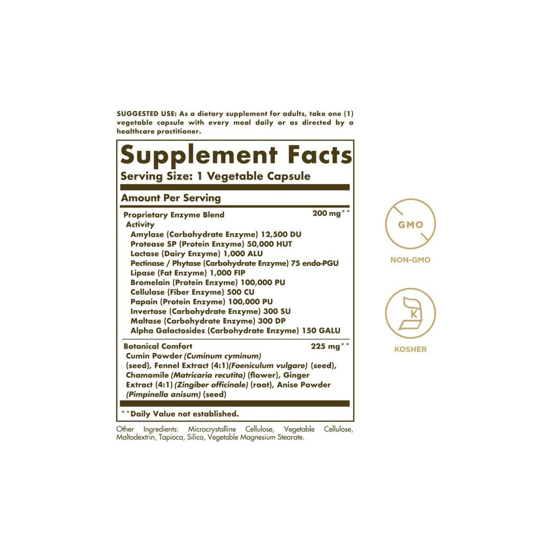 Image of a Solgar Comfort Zone Digestive Complex 90 Vegetable Capsules dietary supplement facts label detailing serving size, ingredients including digestive enzymes, and specifications like non-gmo and kosher.