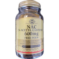 Thumbnail for A bottle of Solgar NAC (N-Acetyl-L-Cysteine) 600 mg 60 Vegetable Capsules dietary supplement, known for its antioxidant properties and support for liver health. It contains 60 vegetable capsules and is suitable for vegans, free from sugar, salt, and starch.