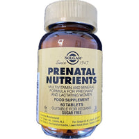 Thumbnail for A bottle of Solgar Prenatal Nutrients 60 Tablets for pregnant and lactating women, focusing on maternal health and foetal development, containing 60 tablets, suitable for vegans and sugar-free.