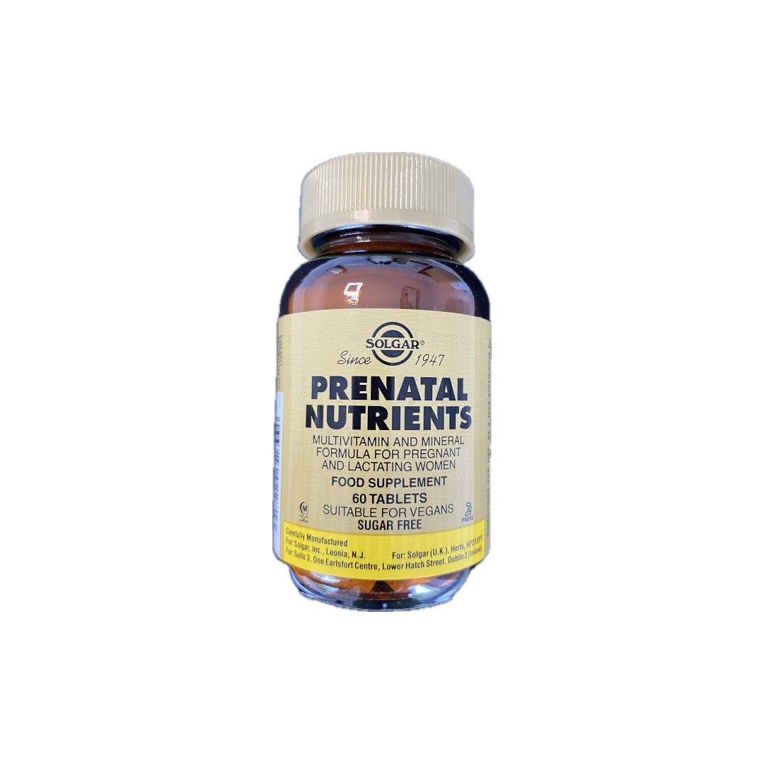 A bottle of Solgar Prenatal Nutrients 60 Tablets, designed as a multivitamin and mineral formula for pregnant and lactating women to support maternal health and foetal development.