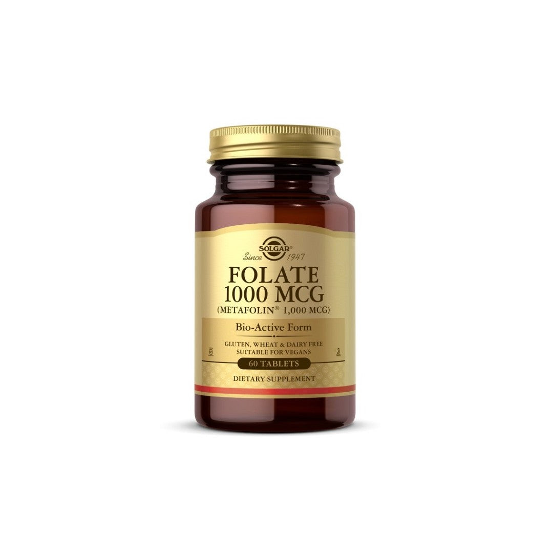 A bottle of Solgar brand Folate 1000 mcg (Metafolin® 1,000 mcg) dietary supplement, containing 60 tablets, suitable for vegans and gluten-free.