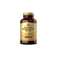 Thumbnail for A bottle of Solgar Evening Primrose Oil 500 mg dietary supplement, labeled 500 mg, cold-pressed, gluten-free, with claims of containing omega-6 fatty acids and gamma-linolenic acid.