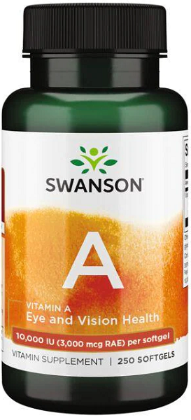 A bottle of Swanson Vitamin A - 10000 IU 250 softgels supplement for vision health.