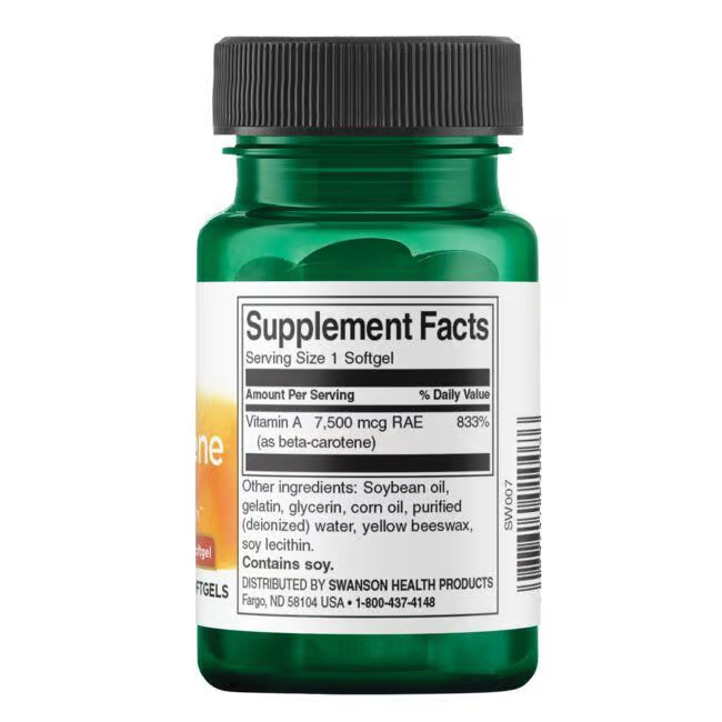 A green bottle of Swanson Beta-Carotene 25,000 IU softgels supports eye and immune health with 7,500 mcg Vitamin A per serving. Includes soybean oil and glycerin for optimal antioxidant protection.