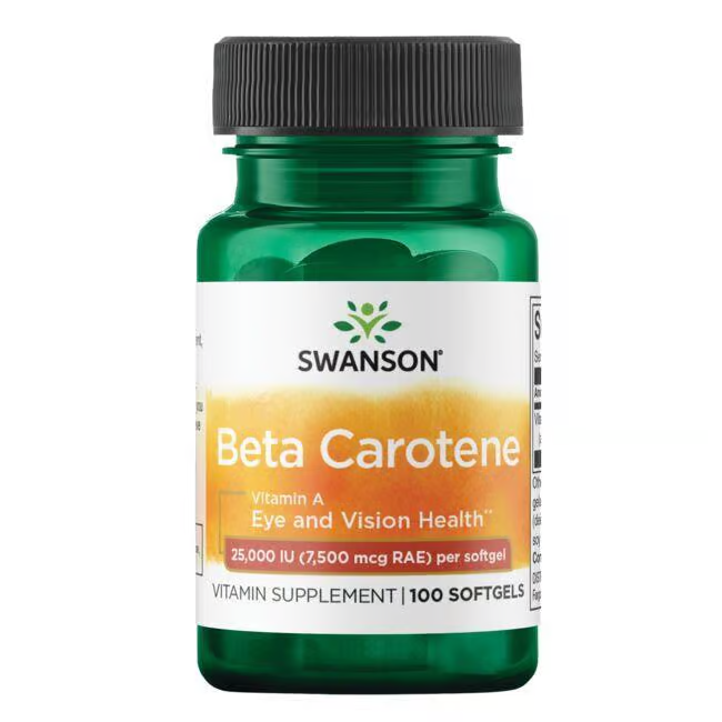 A bottle of Swanson Beta-Carotene (Vitamin A) 25000 IU dietary supplement includes 100 softgels for eye, vision, and skin health.