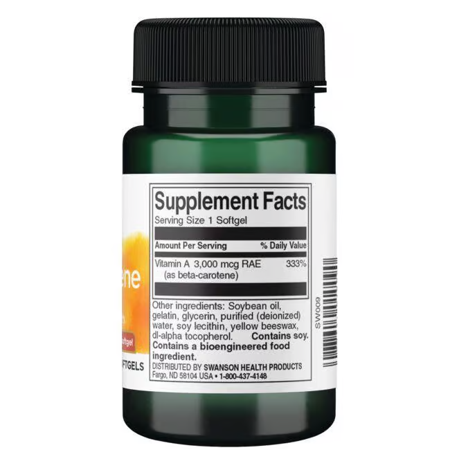 A Swanson bottle of Beta-Carotene (Vitamin A) 10,000 IU Softgels features a green label highlighting its 3,000 mcg content, known for supporting vision and skin health.