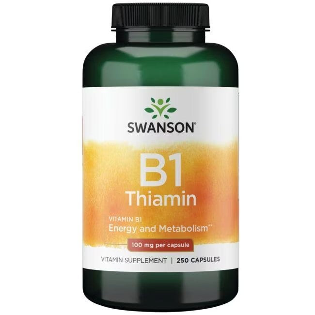 A bottle of Swanson Vitamin B1 Thiamin 100 mg 250 Capsules, labeled for energy metabolism and nervous system support, each capsule containing 100 mg.