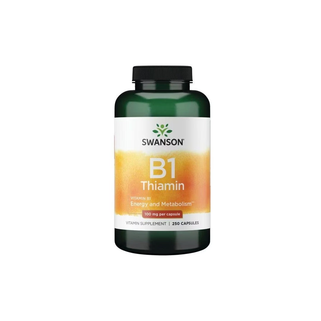 A bottle of Swanson Vitamin B1 Thiamin 100 mg 250 Capsules, labeled as a supplement for energy metabolism and supporting the nervous system, containing 100 mg per capsule.