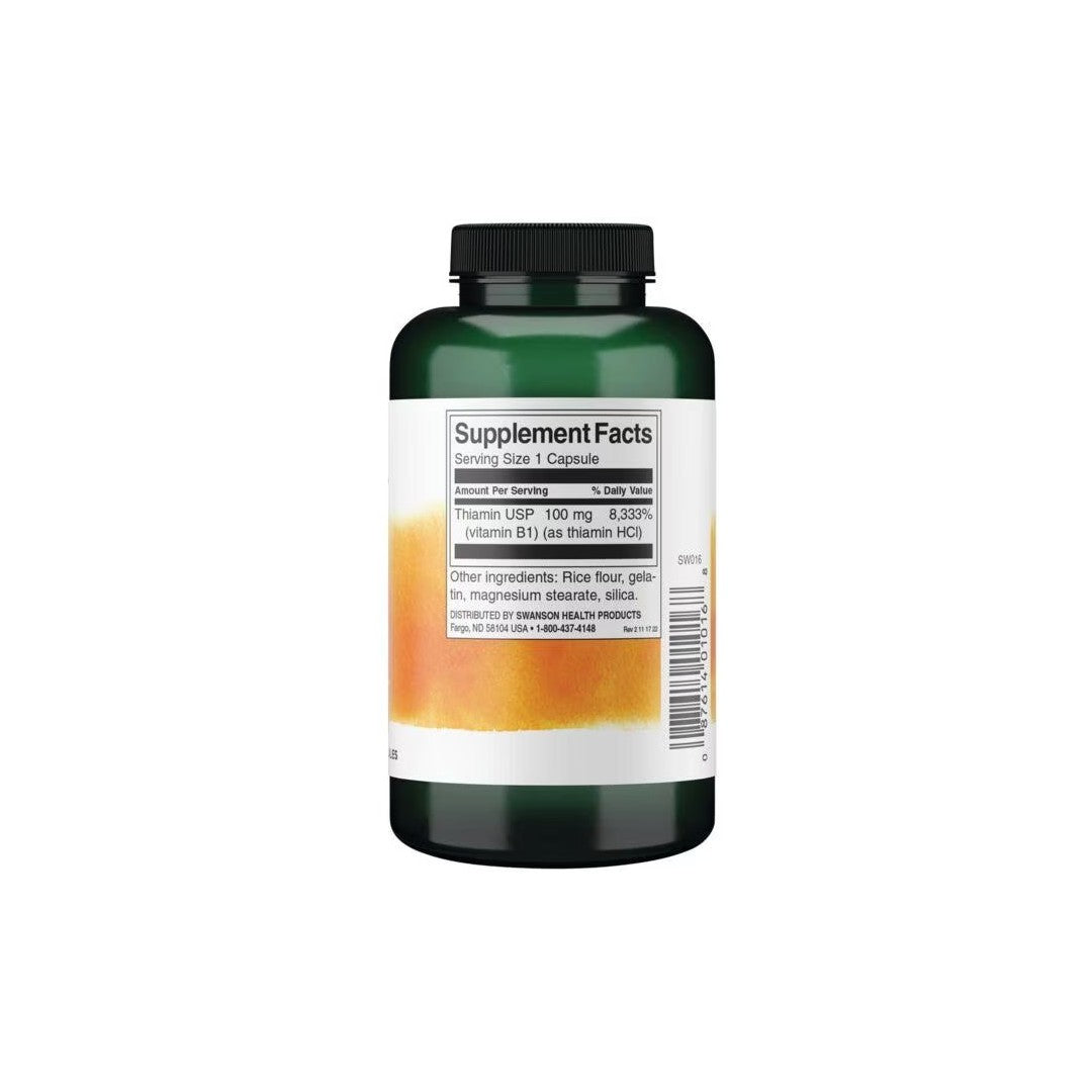 A bottle of Swanson Vitamin B1 Thiamin 100 mg 250 Capsules with a label showing the supplement facts, including a serving size of one capsule and details on thiamin and vitamin B1 content, essential for energy metabolism and supporting the nervous system.