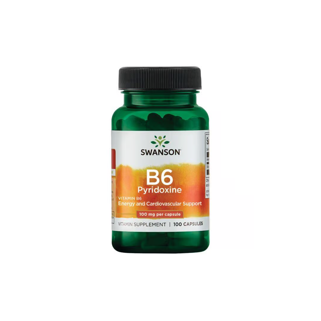 A 100-capsule bottle of Swanson Vitamin B6 Pyridoxine (100 mg each), promotes energy metabolism and cardiovascular support, in a green container.