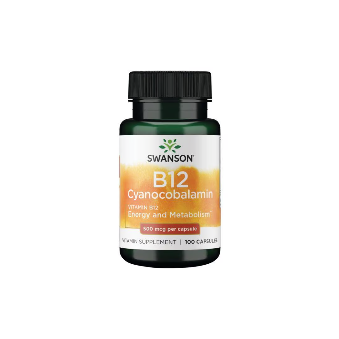 Swanson's Vitamin B12 Cyanocobalamin, 500 mcg per capsule, comes in a dark green bottle and is ideal for a vegan diet. The label highlights "Energy and Metabolism" benefits and includes 100 capsules to support energy production.