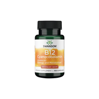 Thumbnail for Swanson's Vitamin B12 Cyanocobalamin, 500 mcg per capsule, comes in a dark green bottle and is ideal for a vegan diet. The label highlights 