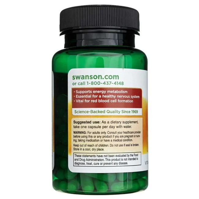 A green bottle of Swanson's Vitamin B12 Cyanocobalamin 500 mcg, containing 100 capsules, highlights benefits for energy metabolism, nervous system health, and red blood cell formation. Ideal for vegans to support B12 levels, it includes suggested use and warning details on the label.