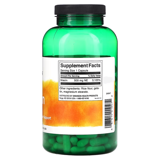 A green bottle of Swanson Niacin 500 mg 250 Capsules features a label indicating that each capsule contains 500 mg of Vitamin B3. The supplement's additional ingredients are rice flour, gelatin, and magnesium stearate, designed to support cardiovascular health.