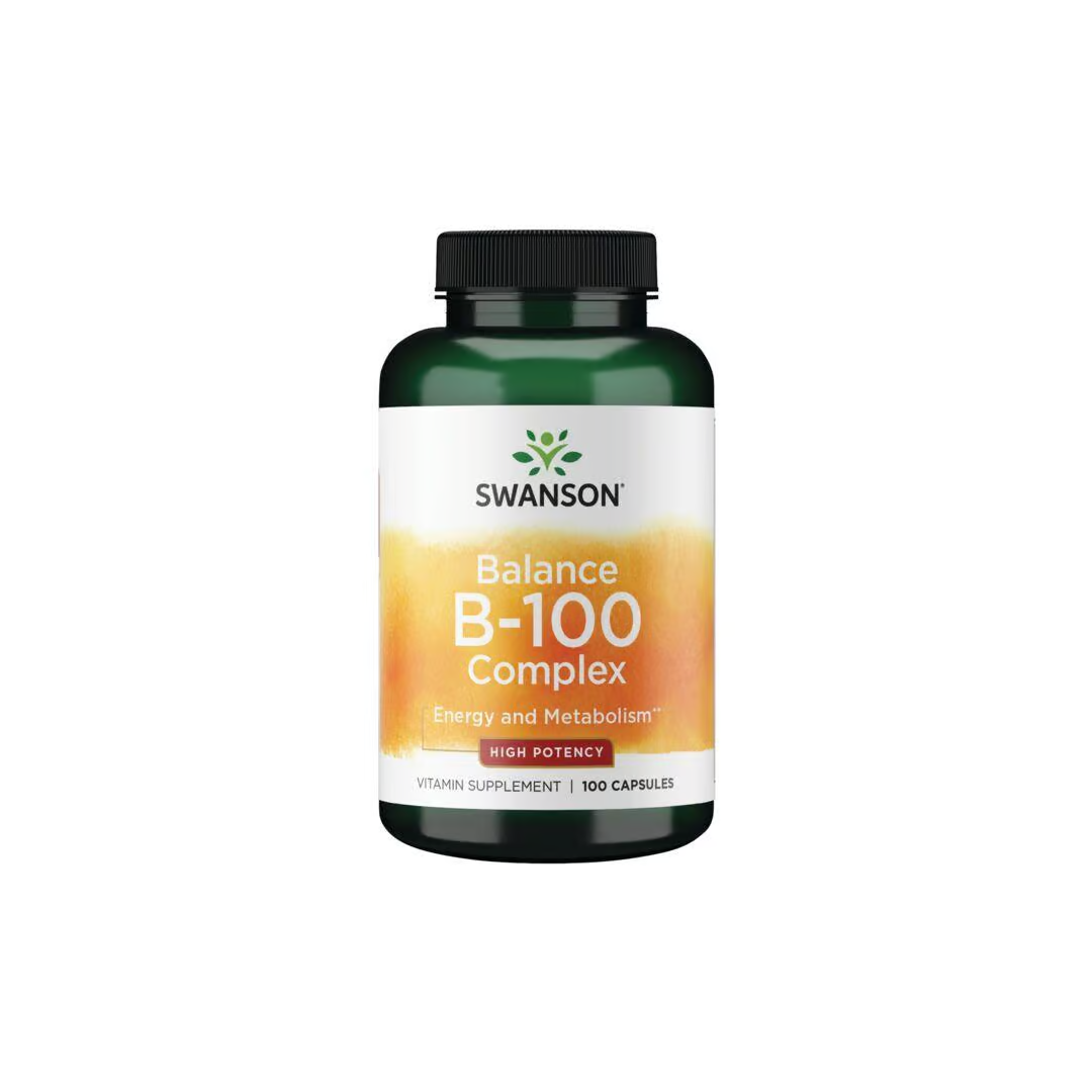 A bottle of Swanson's Balance Vitamin B-100 Complex with 100 capsules supports energy and metabolism.