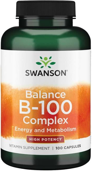 Eine Flasche Swanson Vitamin B-100-Komplex, der den Energiestoffwechsel unterstützt und die Vitamine der B-Familie für die Aufrechterhaltung des Herz-Kreislauf-Systems liefert.