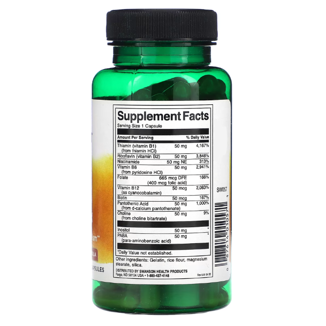 A Swanson Balance Vitamin B-50 Complex bottle with a black cap showcases a nutrition label emphasizing B vitamins, PABA, and Inositol.