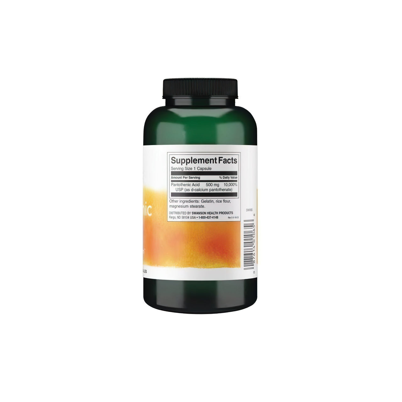 A plastic bottle of Swanson Pantothenic Acid 500 mg 250 Capsules displaying the label with supplement facts, beneficial for skin regeneration.