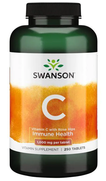 Bottle of Swanson Vitamin C with Rose Hips - 1000 mg 250 Tablets dietary supplement, providing antioxidant support.