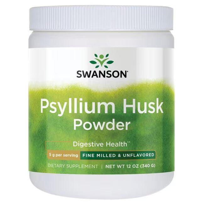 A container of Swanson Psyllium Husk Powder - Fine Milled & Unflavored 340 g, promotes digestive health and supports heart health with 5 grams per serving.