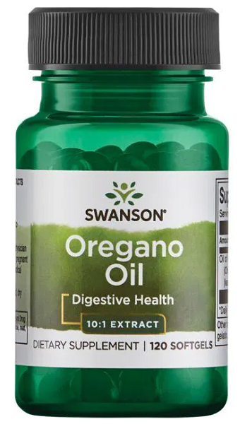 Eine Flasche Swanson Oregano-Öl - 150 mg 120 Weichkapseln, bekannt für seine positive Wirkung auf das Immunsystem und die Magen-Darm-Gesundheit.