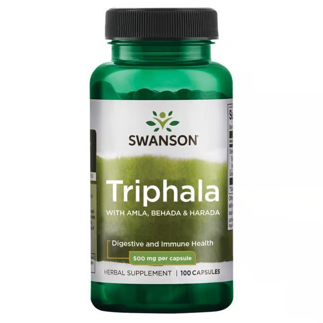 A green bottle of Swanson's Triphala with Amla, Behada, and Harada contains 100 capsules, each delivering 500 mg of a potent blend for digestive and immune health.