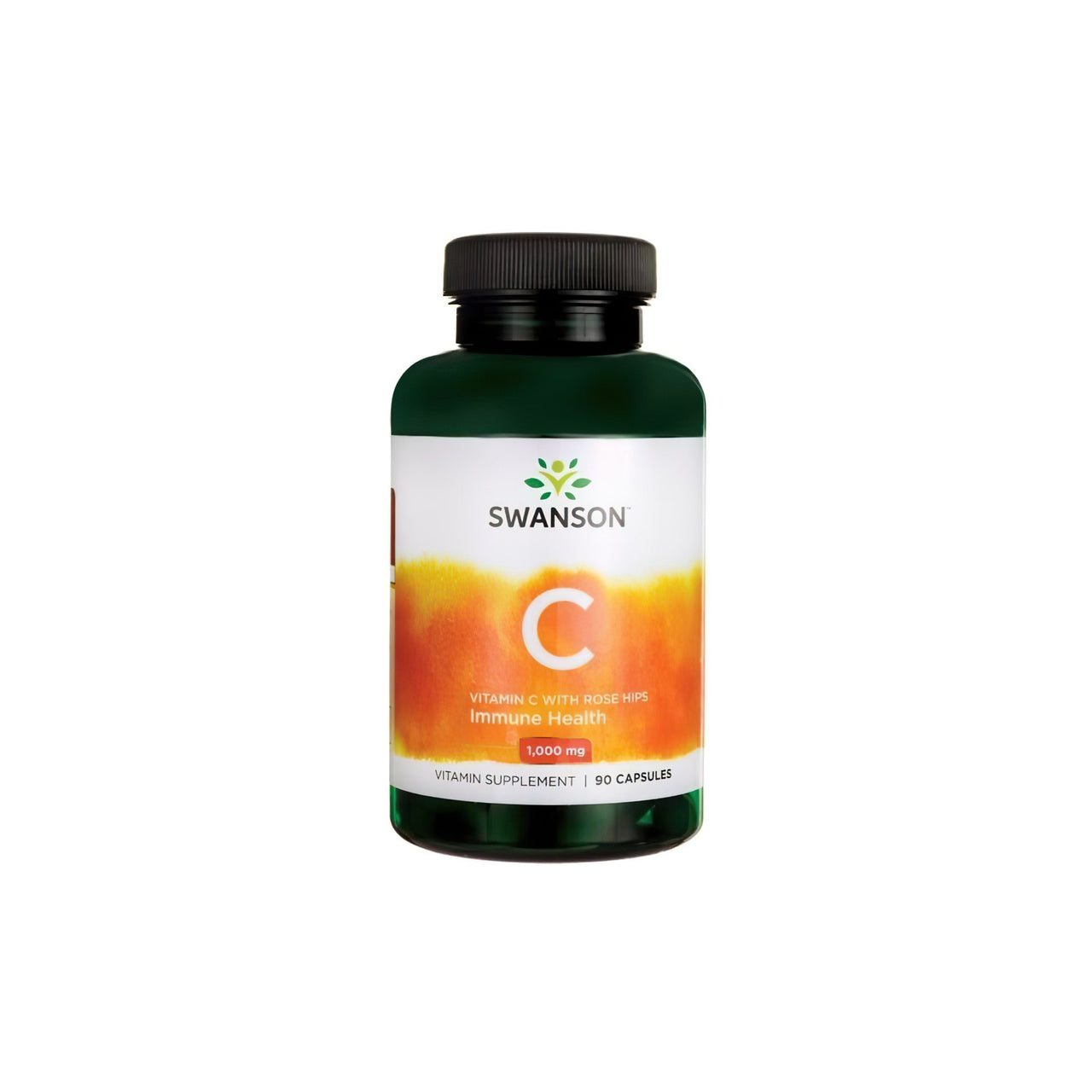 A bottle of Swanson Vitamin C 1000 mg with Rose Hips 90 capsules, packed with antioxidants for an improved immune system, shines on a pristine white background.