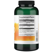 Thumbnail for The Swanson Vitamin C-1000 with Rose Hips 250 Capsules comes in a dark green bottle displaying supplement facts and highlighting its antioxidant properties, featuring 1000 mg of Vitamin C and 15 mg of rosehip extract, along with gelatin and rice flour.