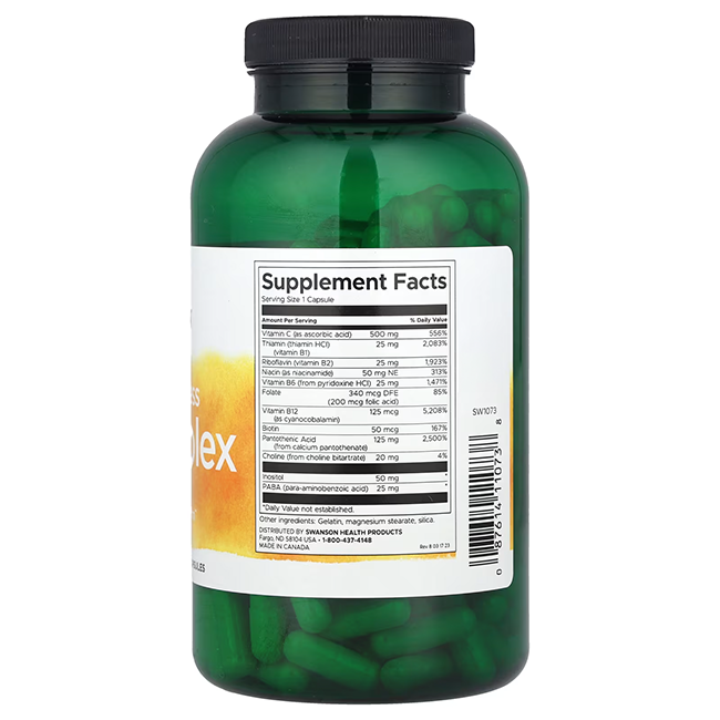 A green bottle from Swanson labeled "Super Stress B-Complex with Vitamin C 240 Capsules" displays supplement facts, including vitamin C, D, E, essential B vitamins for energy production, folate, and more.