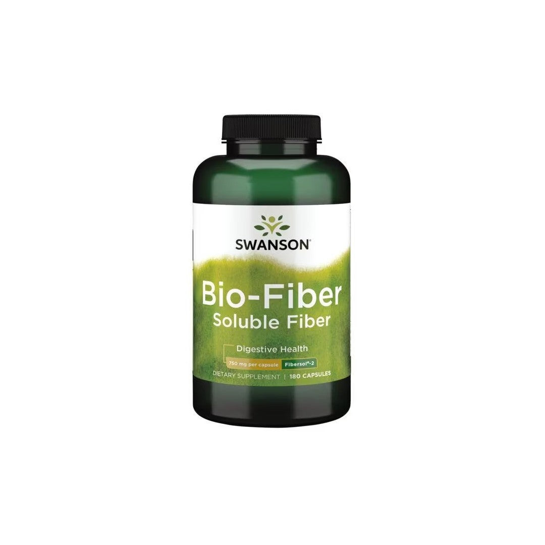 A bottle of Swanson Bio-Fiber - Fibersol-2 750 mg soluble fiber dietary supplement designed to support digestive health and cholesterol levels, containing 180 capsules.