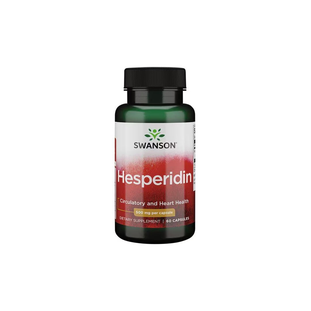 A bottle of Swanson Hesperidin 500 mg dietary supplement, labeled to support the cardiovascular system and heart health, containing 500 mg per capsule, with 60 capsules.