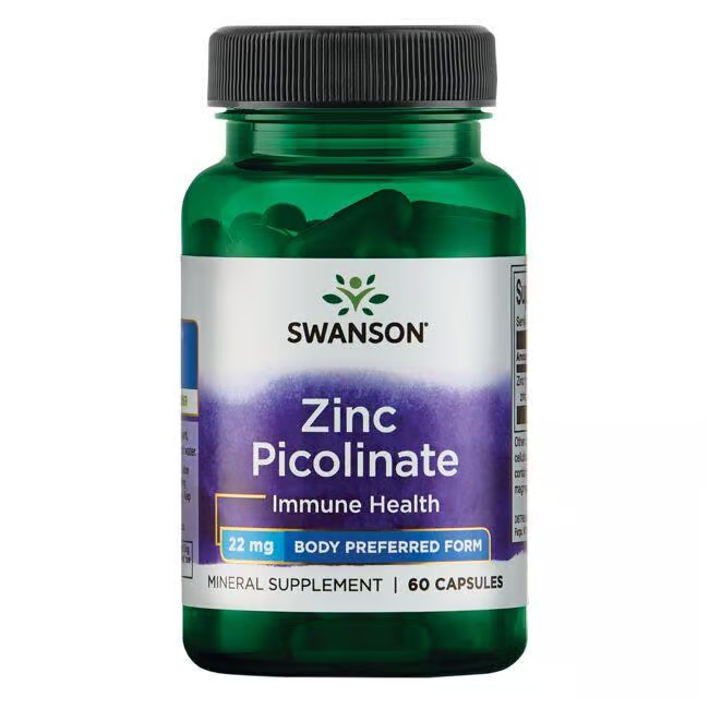 Swanson's Zinc Picolinate 22 mg, packed in a chic dark green bottle with a black cap, offers 60 capsules to promote immune health and provide an antioxidant boost.