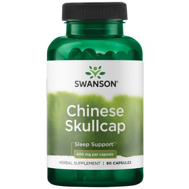 The Swanson Chinese Skullcap 400 mg 90 Capsules supplement, a respected element of traditional Chinese medicine, offers "Sleep Support" with each green bottle containing 90 capsules.